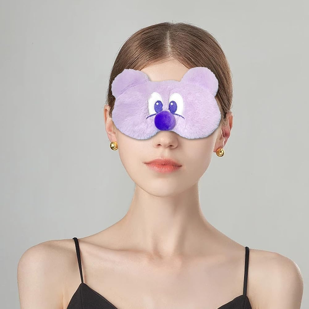 PERFECTSIGHT Mouse Sleep Eye Masks, Cute Plush Sleep Eye Cover Lightweight Adjustable Eyeshade Faux Fur Mask Cover for Women Men Kids Sleep Travel Nap, Big Eye Girl, Purple Nose