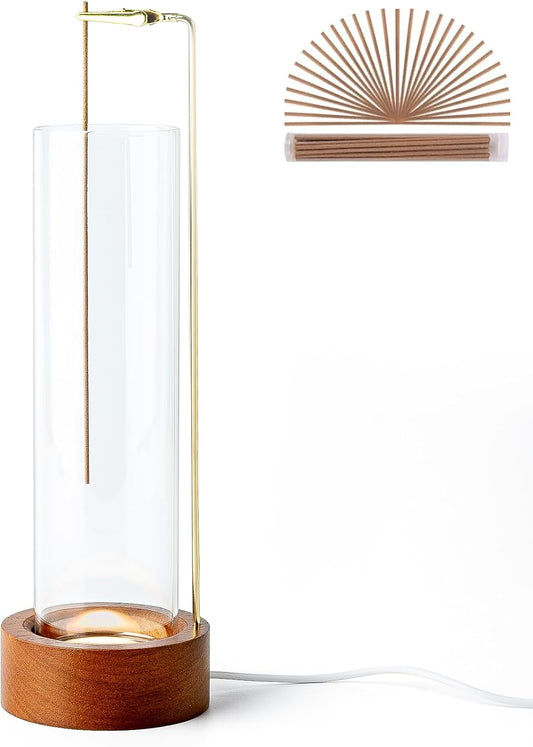 Incense Holder for Sticks, USB Powered Luminous Base, Anti-Ash Flying Incense Burner with 30 Incense Sticks, Detachable Glass Ash Catcher