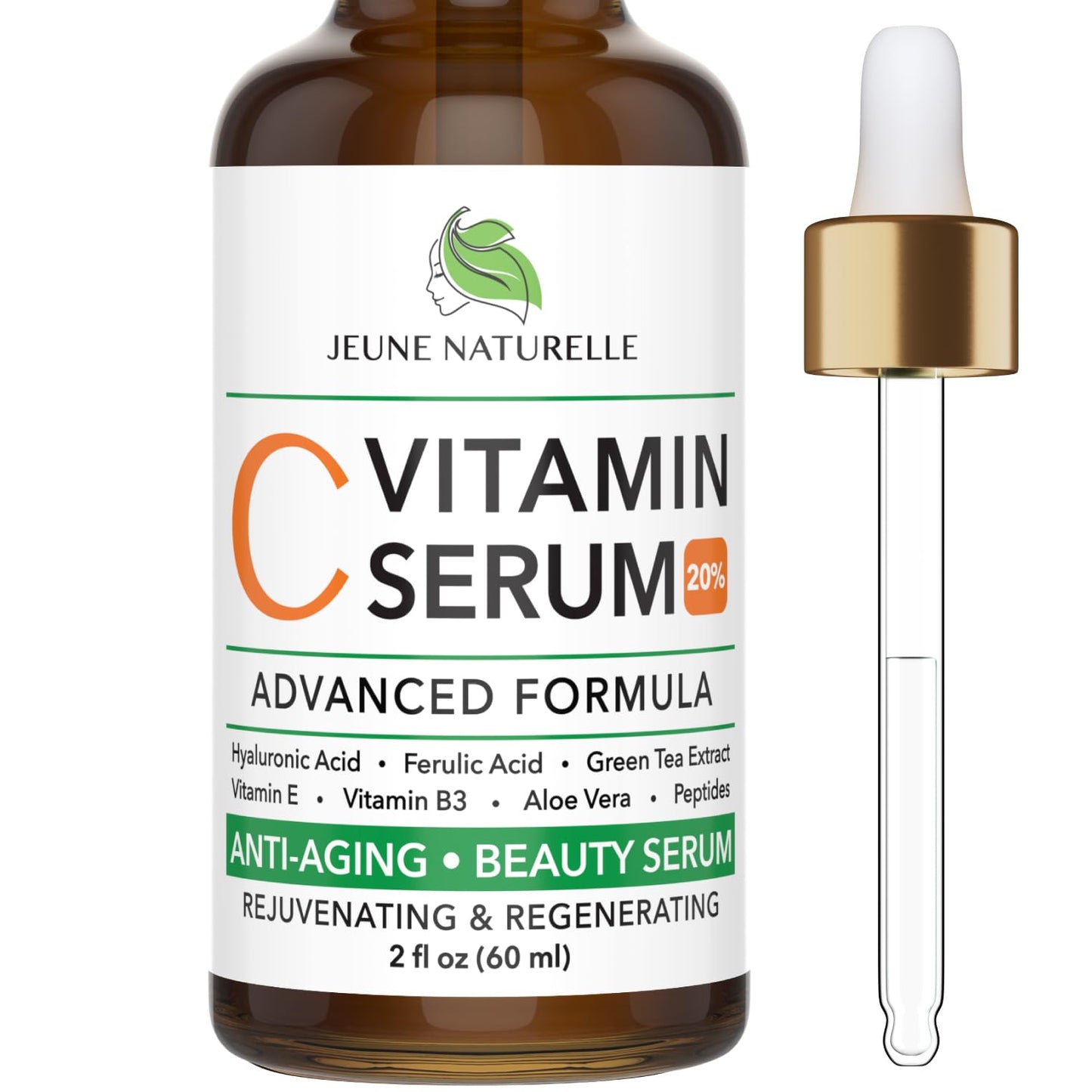 All Natural 20% Vitamin C Serum + 6 Active Boosters for Face, Dark Spots, Wrinkles, Brightening, Hydrating, Even Tone, Healthy Glow with Niacinamide, Hyaluronic Acid, Ferulic Acid, Vitamin E, Peptides