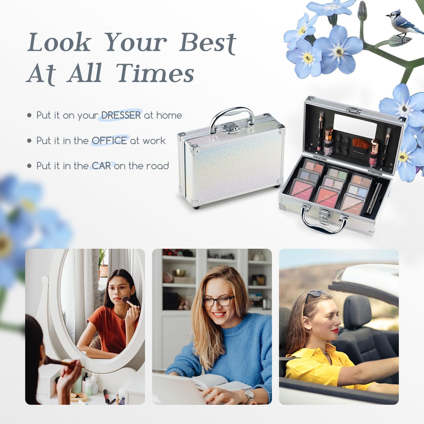 Color Nymph Beginner Makeup Kits For Teens With Train Case Included Full Makeup Kit Eyeshadow Palette Blushes Bronzer Highlighter Lipstick Brushes Mirror (White)