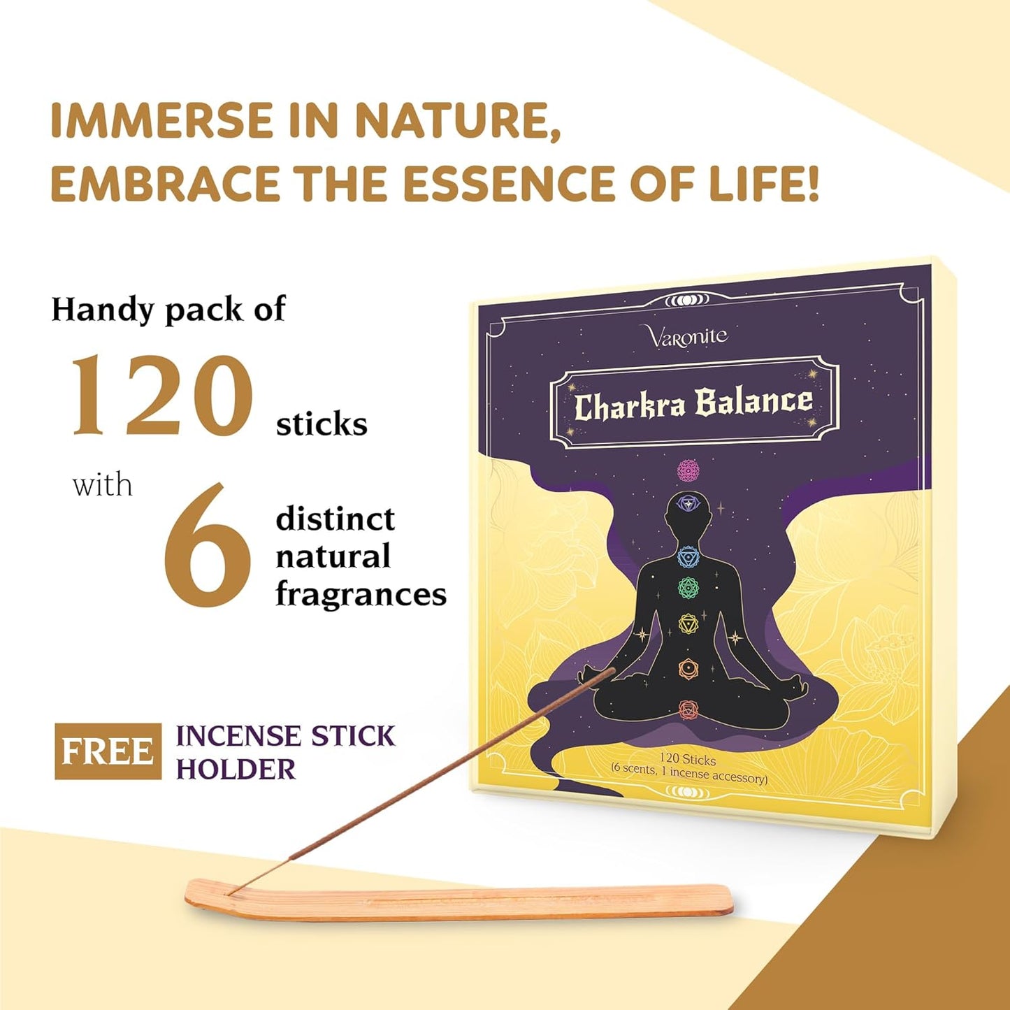 Incense Sticks - Charka Balance Incense Stick Variety Pack of 6 (120 Insence-Sticks) with Holder: Sandalwood, Bergamot, Jasmine, Lavender, Rose, Vanilla ā 7 Chakras Inscents-Stick