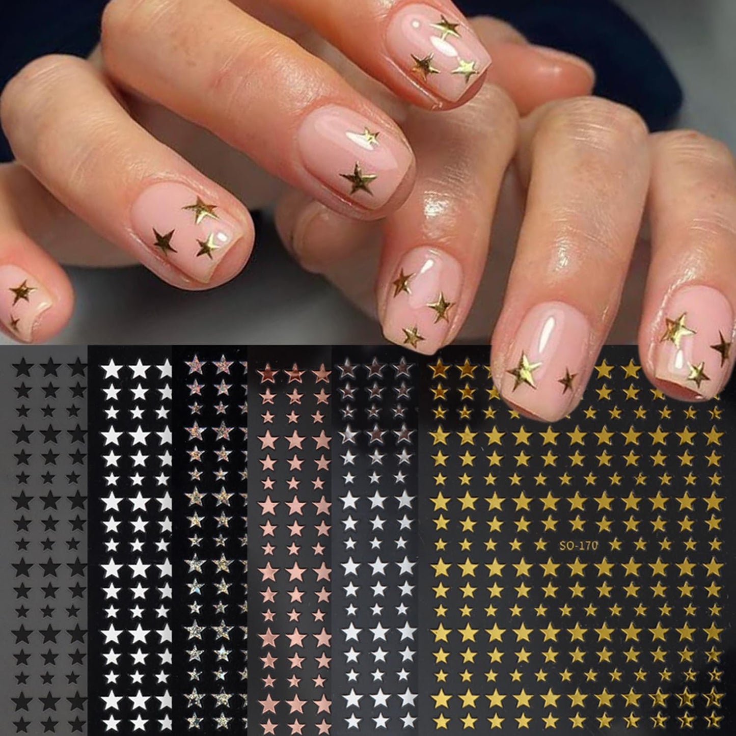 6 Sheets Star Nail Art Stickers Decals Gold Silver Star Nails Stickers for Nail Art Self-Adhesive Black White Laser Nail Decals