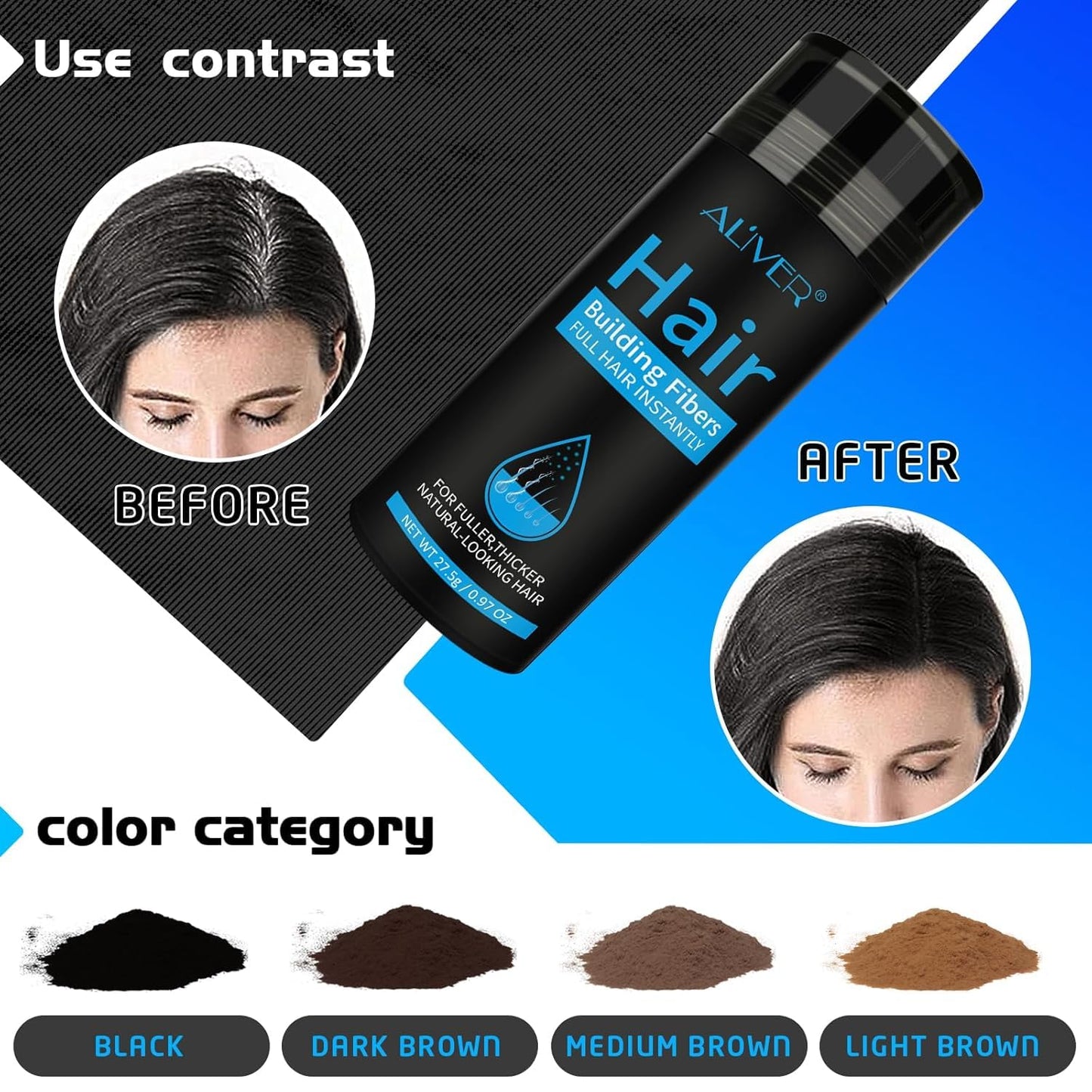Aliver Hair Fibers for Thinning Hair - Light Brown - 27.5Gr,Undetectable Natural Formula, Thicker Fuller Hair in 15 Seconds, Conceals Hair Loss, Look Younger, for Men & Women Patchy Bald Spot,Crown