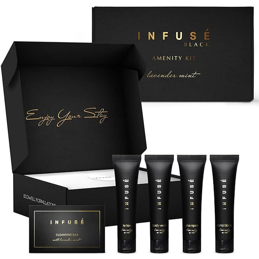 Infuse Black Amenity Kit | Boxed Hotel Toiletries | Bulk Set 1 oz Travel Size Shampoo, Conditioner, Lotion, Body Wash & Cleansing Bar for Guest Hospitality AirBnB/Vacation Rentals | 1 set per case