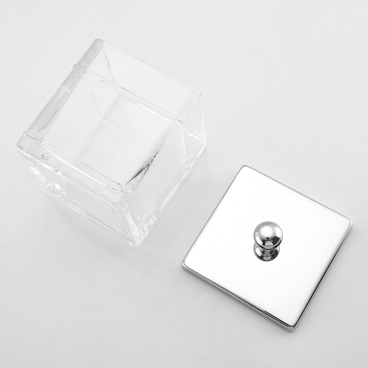 Glass Cotton Jar Holder 2 Pack– Silver/Chrome Lid, Elegant Bathroom Storage Canister for Qtips, Cotton Balls, Floss, Makeup Organizer, Vanity & Bathroom Organization