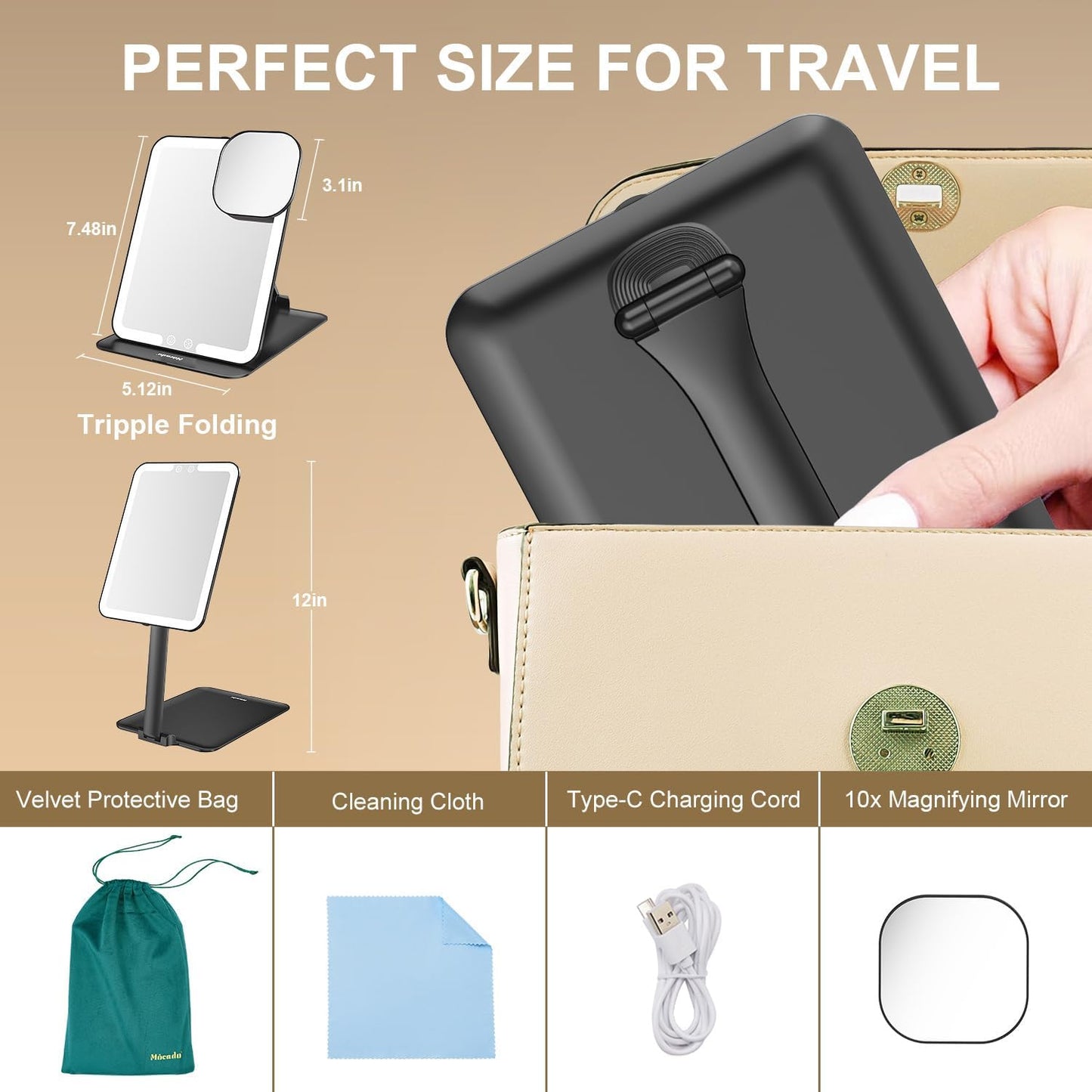 Mocado Travel Makeup Mirror with Light - 7x5 Inches Tripple Folding Travel Mirror with Light, 3 Colors Lighted Makeup Mirror, Portable Makeup Mirror, Freely Adjust Height and Angle(Black)