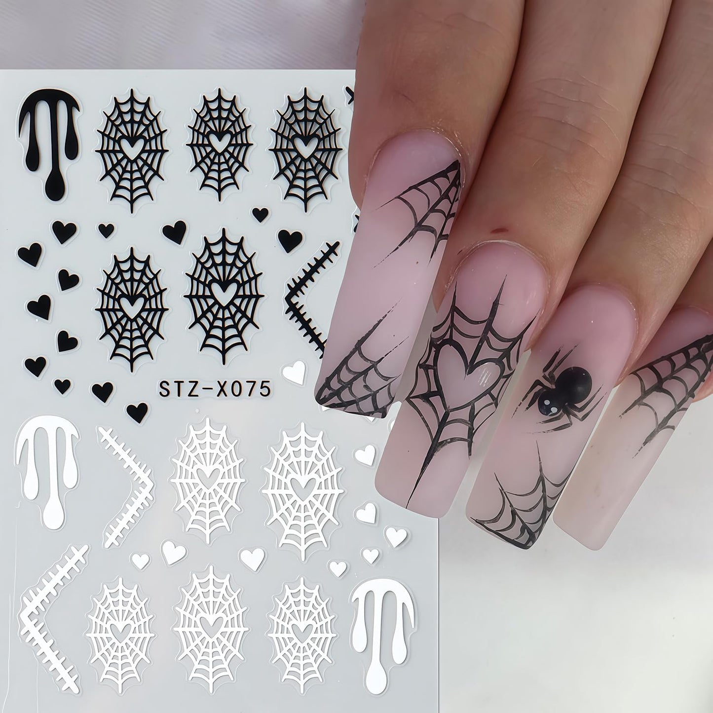 6 Sheets Halloween Nail Stickers, Spider Nail Art Stickers 3D Self-Adhesive White Black Spider Web Blood Heart Star Spiders Ghost Nail Decals Holiday Sticker for Halloween Party DIY Nails Decoration