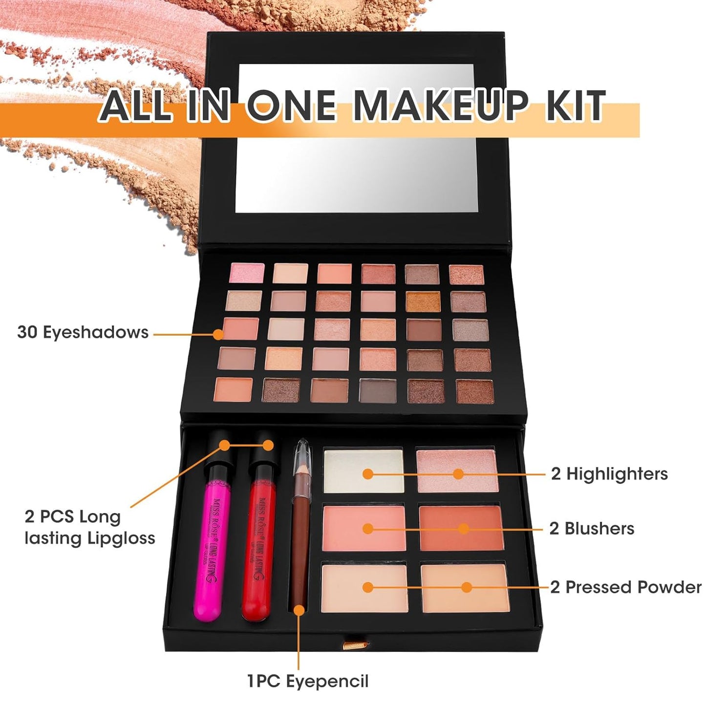 All in One Makeup Kit,Makeup Palette Includes 30 Color Eyeshadow, 2 Color Highlighter,2 Color Pressed Powder,2 Color Blusher,2 Pcs lip gloss,1 Pcs Eyepencil, Mirror,Makeup Gift Set for Women (017N)