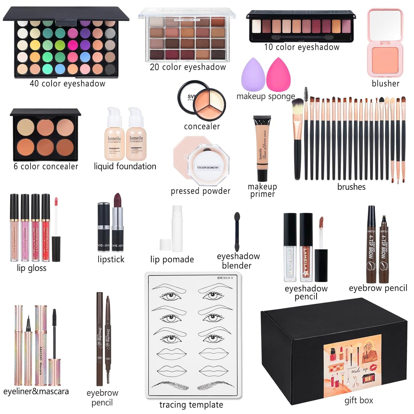 All in One Makeup Kit Makeup Kit for Women Full Kit Multipurpose Makeup ,eyeshadow、 liquid foundation,Loose powder,Eyebrow pencil,4-color lip gloss set