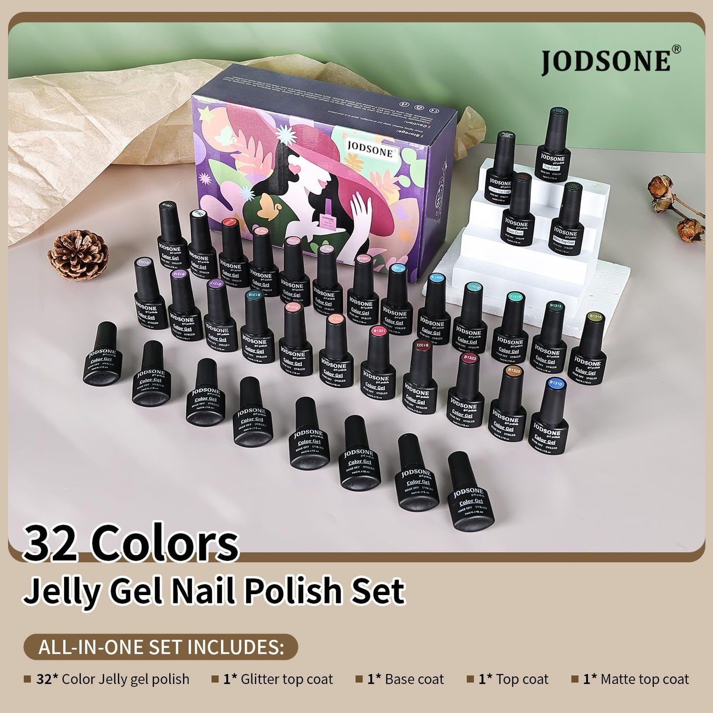 JODSONE Jelly Gel Nail Polish Kit 32 Classic Colors Crystal Transparent High Shine Base & Top Matte Glitter Coat