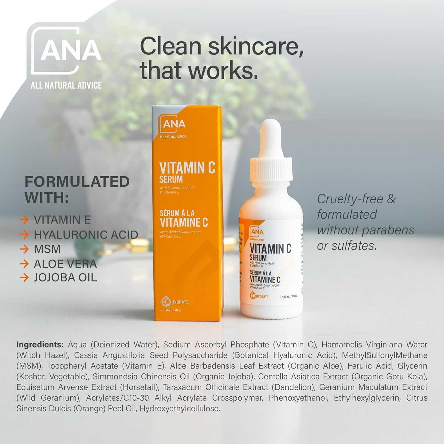 All Natural Advice Vitamin C Serum 30mL | 20% Vitamin C Face Serum Solution with Organic Botanicals, Hyaluronic Acid & Vitamin E | UV-Shielding Glass Bottle with Dropper | Canadian Skin Care