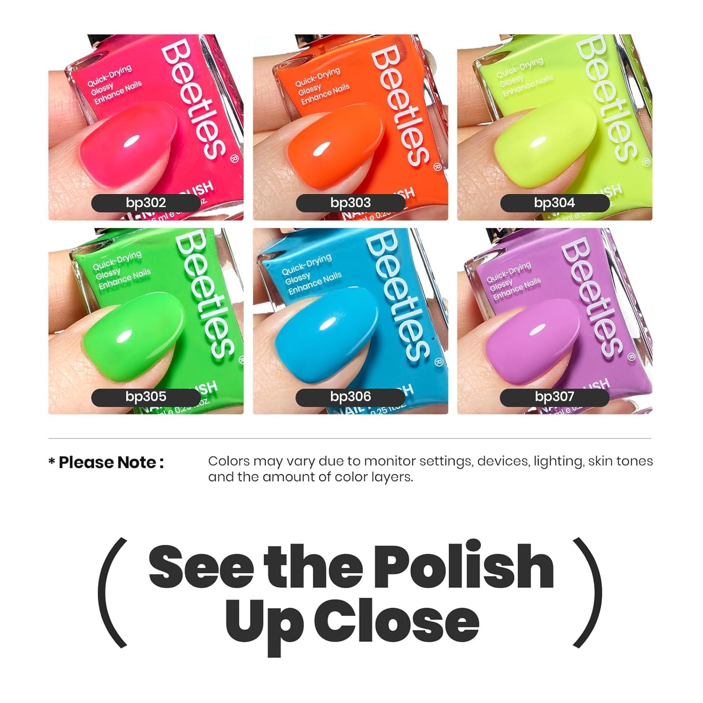 Beetles Neon Nail polish Set, 6 Colors Bright Rainbow Nail Polish Kit Quick Dry Finger Nail Polish Glossy Shine Nail Lacquer Polish Long Lasting Neon Party Gifts for Women