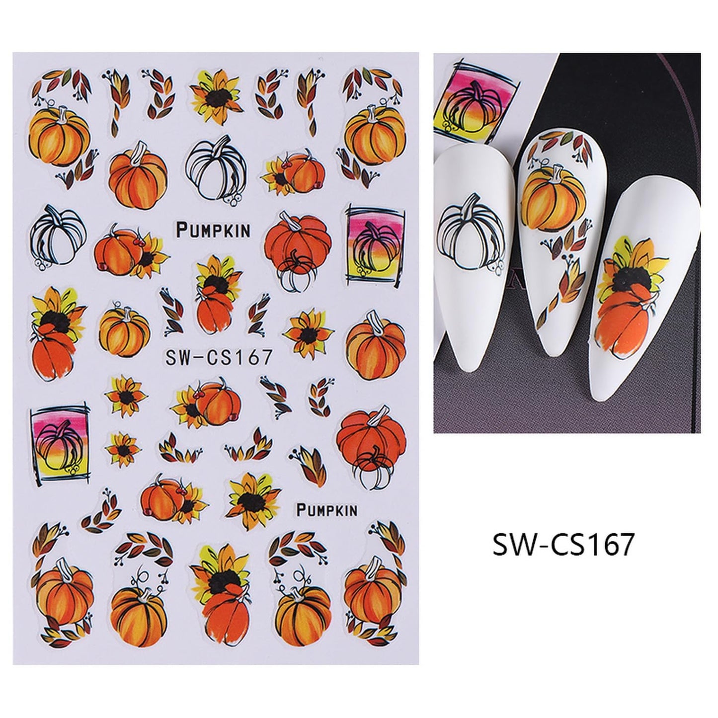 6 Sheets Fall Nail Art Stickers 3D Self-Adhesive Maple Leaf Nail Stickers with Ear of Wheat & Chestnut Designs DIY Pumpkin Nail Decal Supplies for Women Nail Art Manicure Decoration Accessories