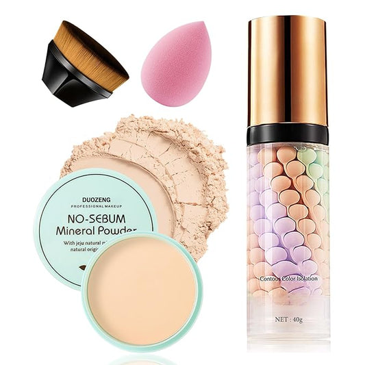 One Step Color Corrector,Natural Isolation Cream,Face Primer Makeup Tricolor Moisturizer,Correcting Primer Concealer Foundation,Setting Powder,Makeup Brushes,Makeup Sponges(4PCS)