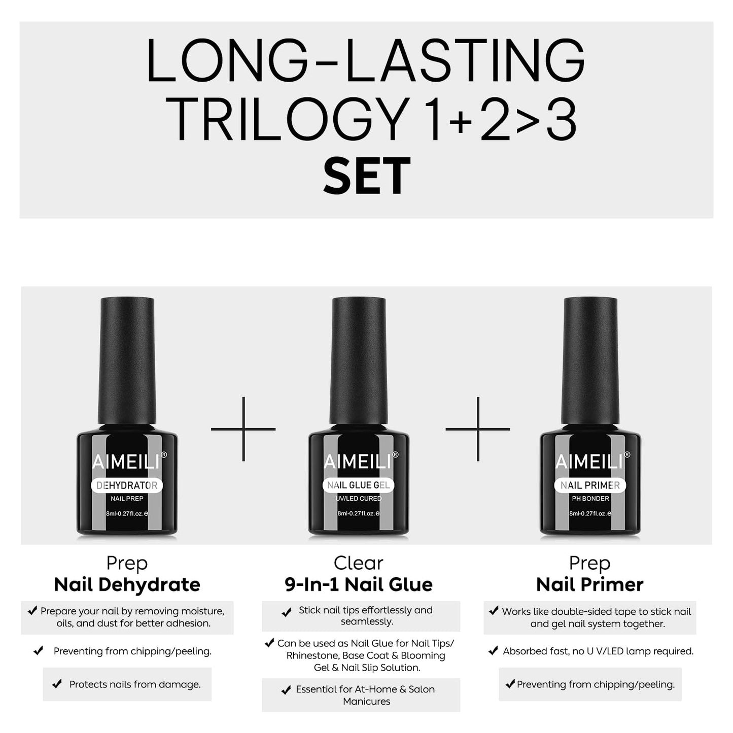 AIMEILI 3Pcs Gel Nail Glue Nail Dehydrator and Primer, Hema Free, Cruelty Free, Vegan, Clear High Gloss Gel Nail Polish Long Lasting Nail Art