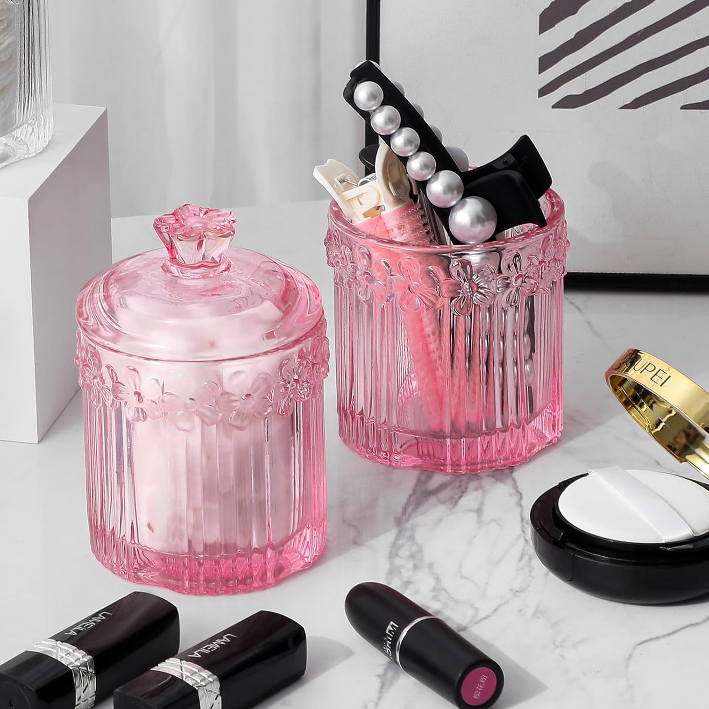 rejomiik 2 Pack Qtip Holder Glass Apothecary Jars with Lids Set Bathroom Canisters Dispenser Organizers and Storage for Cotton Swabs, Balls, Pads, Floss Picks, Candy, Pink
