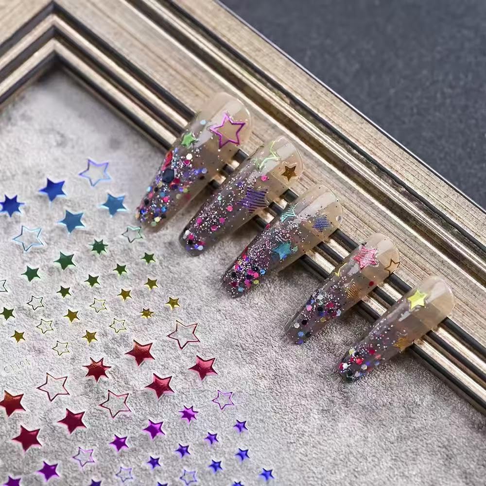 12 Sheets Stars Nails Stickers 3D Self Adhesive Nail Decals Stars Nail Design Shiny Starlight DIY Transfer Decal Colorful Star Nail Tip Sticker Pentagram Glitter Manicure Decoration