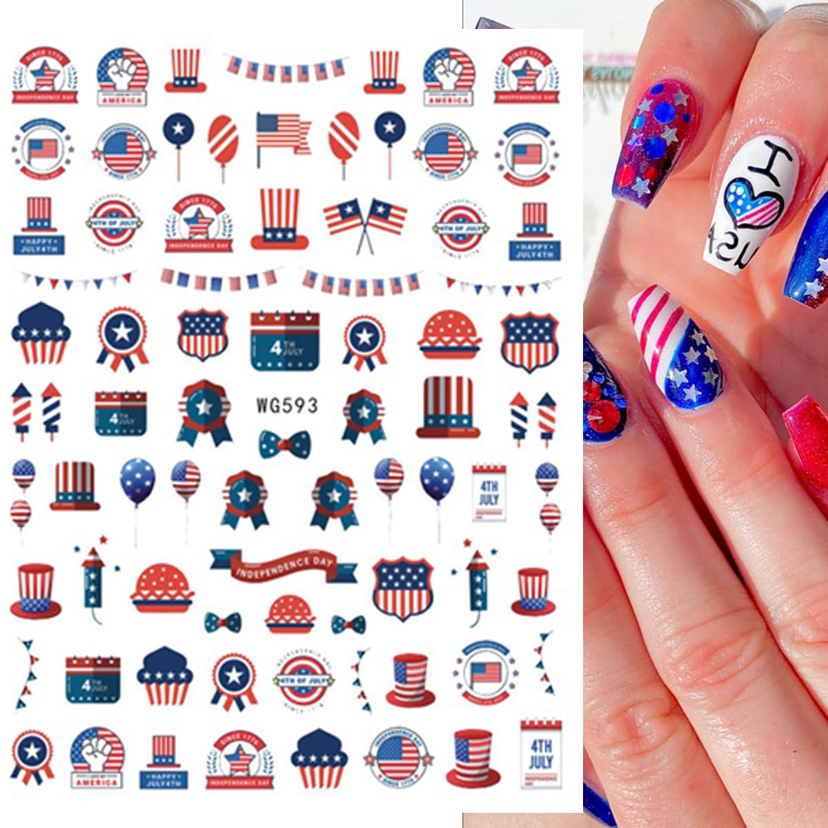 4th of July Nail Stickers, 8 Sheets American Flag Independence Day Nail Art Stickers 3D Self-Adhesive Stars Fireworks Heart Nail Design Stickers Patriotic Holiday Nail Decals for Nail Art Decoration