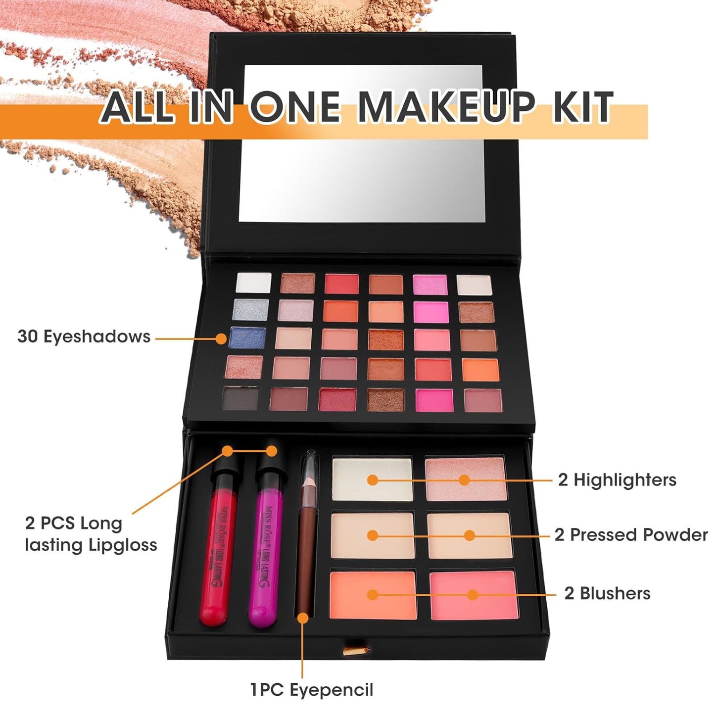 All in One Makeup Kit,Makeup Palette Includes 30 Color Eyeshadow, 2 Color Highlighter,2 Color Pressed Powder,2 Color Blusher,2 Pcs lip gloss,1 Pcs Eyepencil, Mirror,Makeup Gift Set for Women (017Y)
