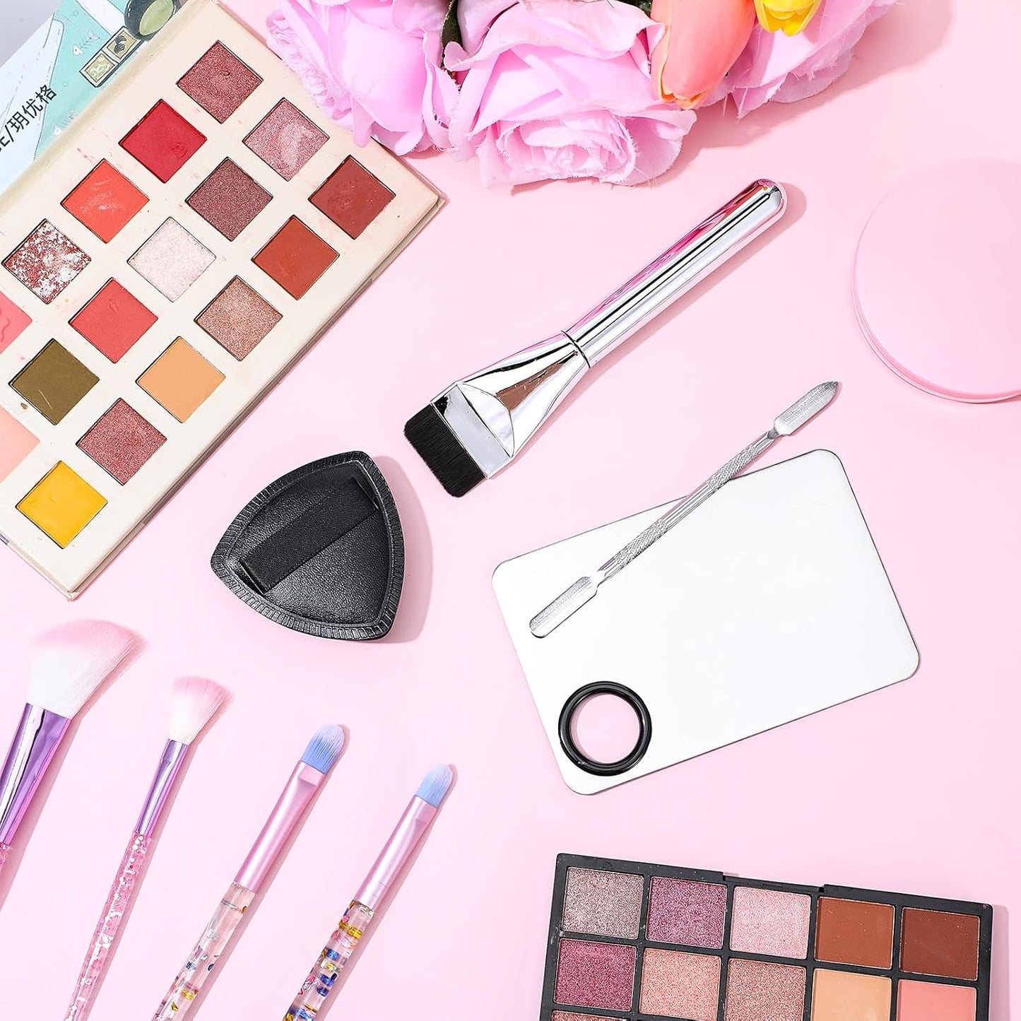 4 Pcs Makeup Foundation Mixing Palette Set Including Make Up Spatula, Makeup Brush, Palette Tray, Powder Puff, Foundation Makeup Mixing Palette, Makeup Palette Tray (Stainless Steel)