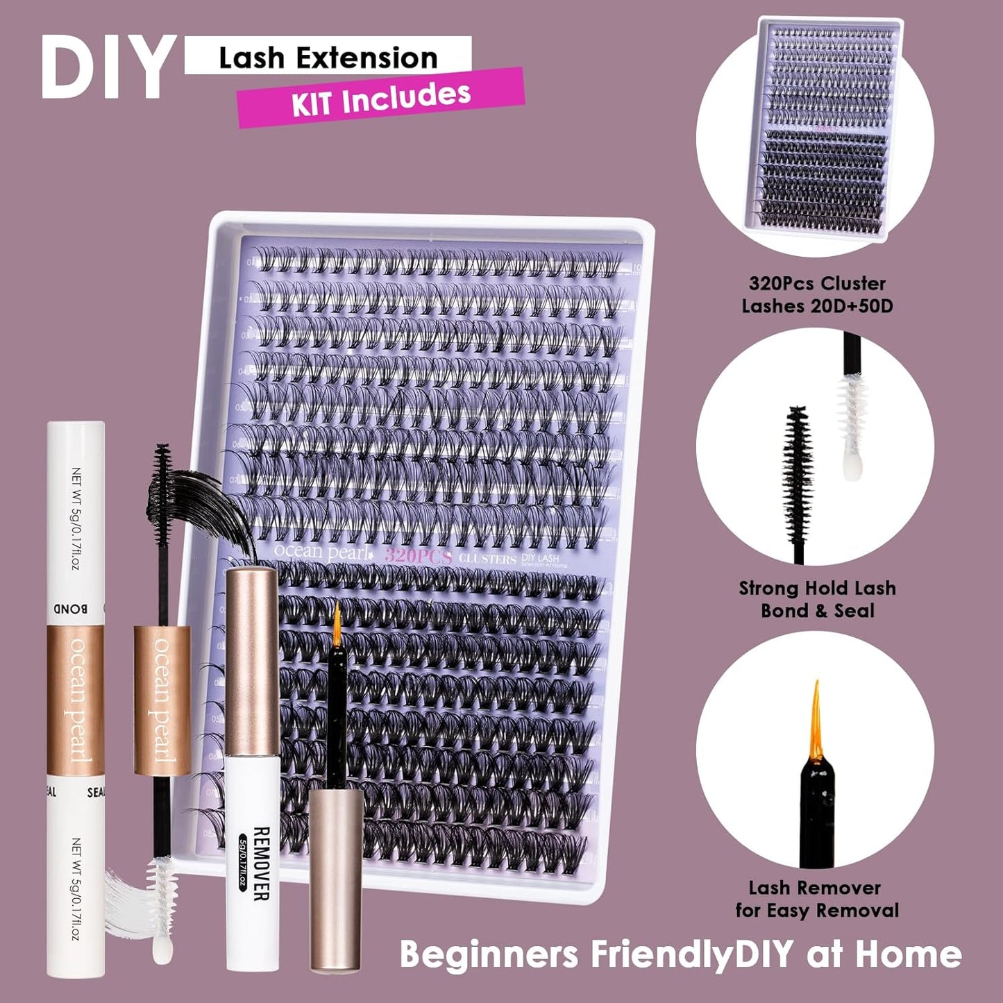 Individual Lashes with bond and seal Lash Remover DIY Lash Extension Kit 320 Pcs Cluster Lashes 10-16mm Natural Light C/D Curl False Eyelashes for Beginner Makeup at Home (20D+50D)