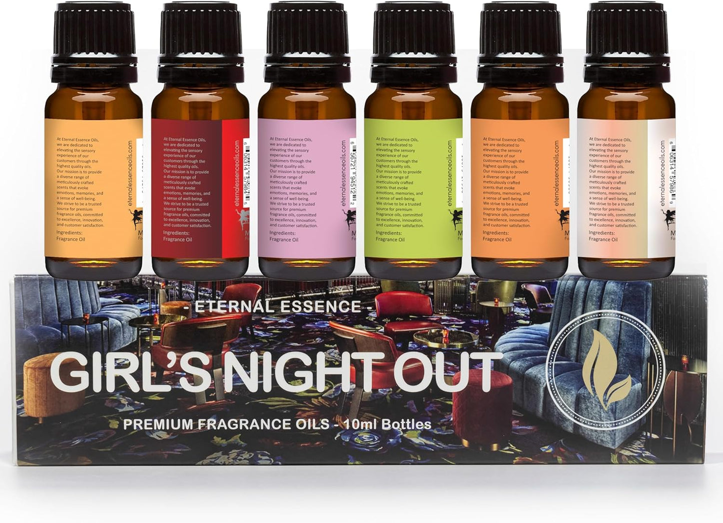 Eternal Essence Oils Girl's Night Out Set of 6 Premium Fragrance Oils - Includes Strawberry Champagne, Pina Colada, Secret Crush, Margarita, Amber Romance, and Cabernet & Neroli Scented Oils - 10ML