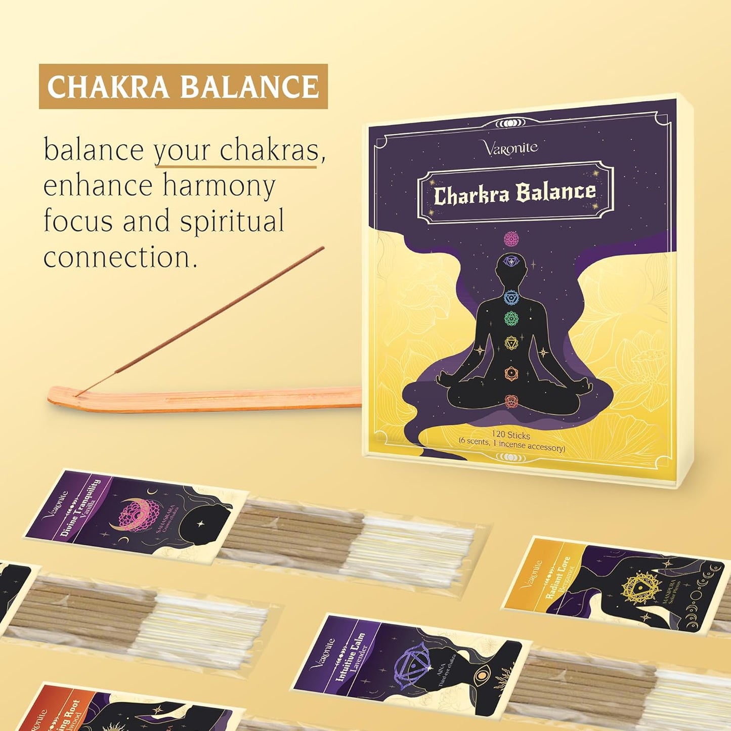 Incense Sticks - Charka Balance Incense Stick Variety Pack of 6 (120 Insence-Sticks) with Holder: Sandalwood, Bergamot, Jasmine, Lavender, Rose, Vanilla ā 7 Chakras Inscents-Stick