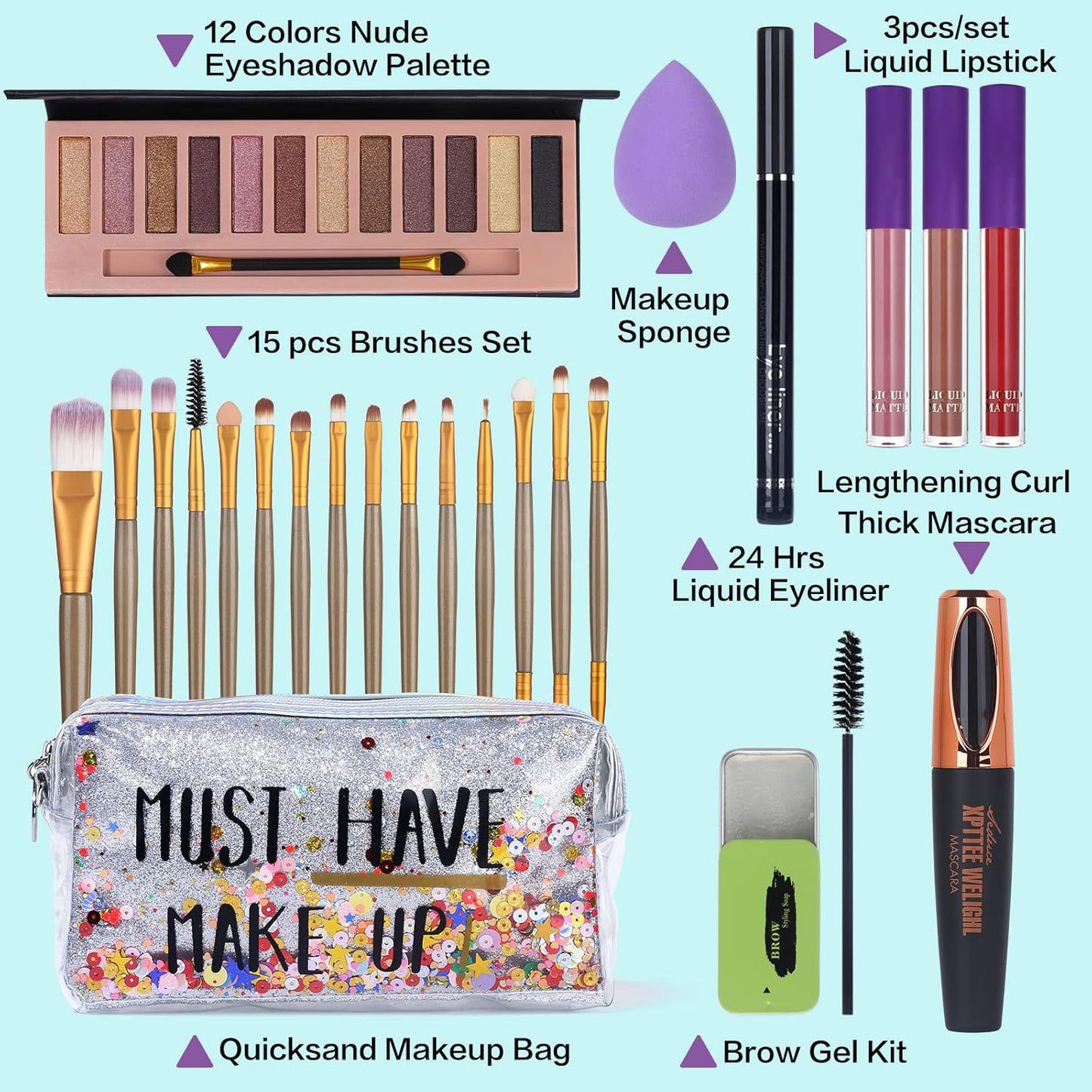 All in One Makeup Set For Women Full Kit - 12 Colors Nude Eyeshadow Palette, Waterproof Black Mascara Eyeliner Pen, 3pcs Matte Liquid Lipstick Set, Eyebrow Soap Gel Kit, 12 pcs Brushes Set Makeup Sponge with Makeup Bag Gift Set