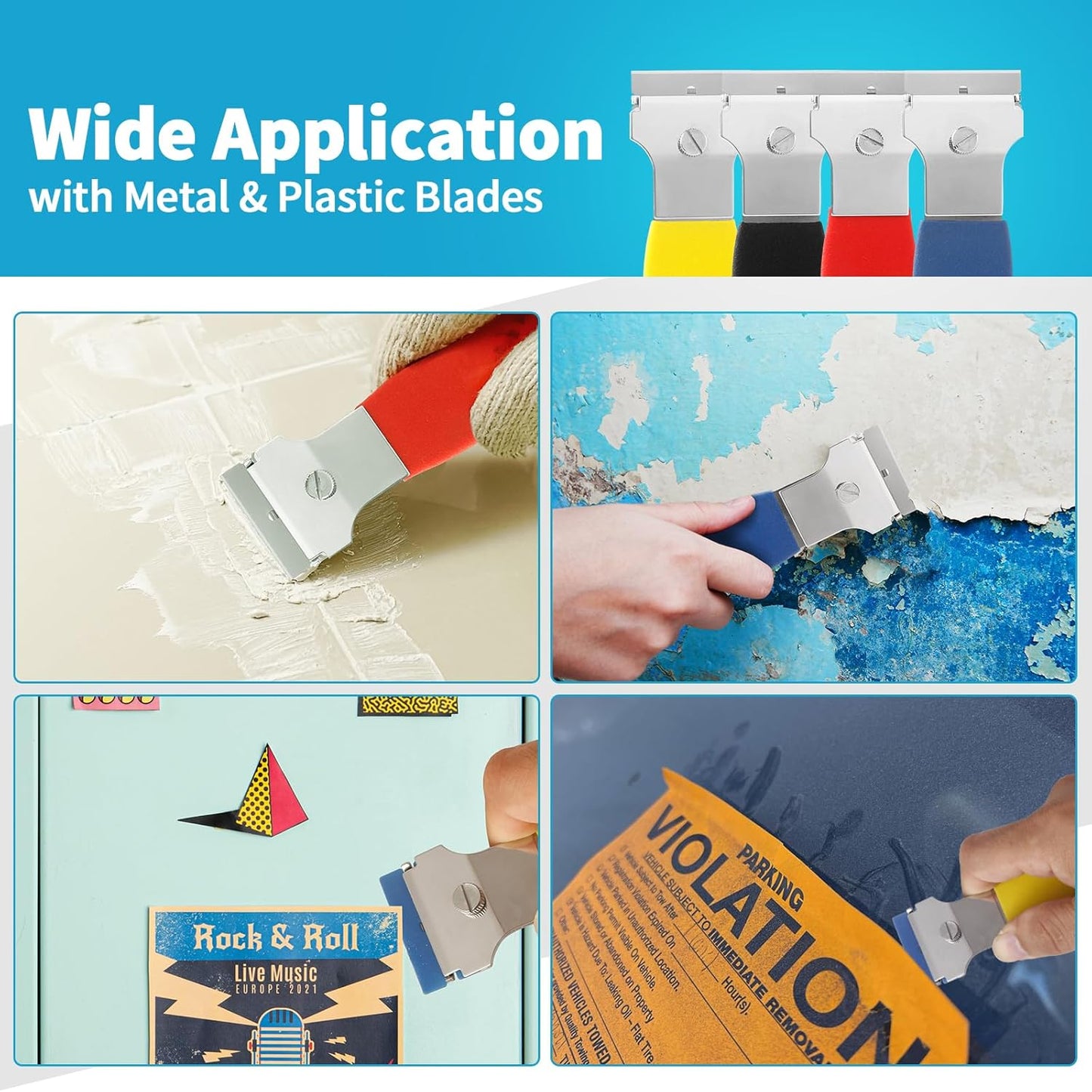 2 Pack Razor Blade Scraper, Multi-Purpose Cleaning Remover Tool, with 10 Metal & 10 Plastic Blades, for Glass Caulk, Adhesive, Wall, Stovetop, Paint, Window, Sticker, Tile, Label Decals