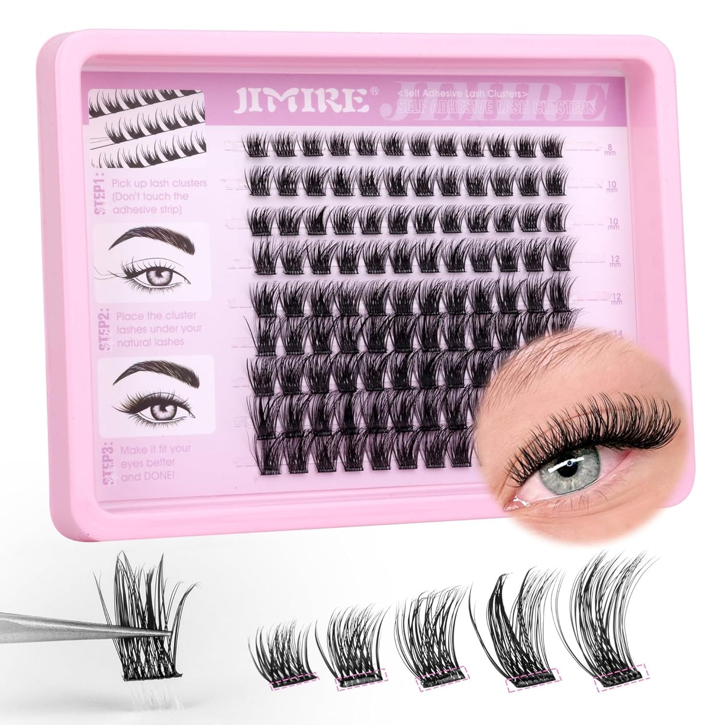 JIMIRE Self Adhesive Eyelashes Natural Wispy 8-16MM Pre Glued Lash Clusters No Glue Needed Press on Lashes Reusable Self Adhesive Lashes Classic Eyelash Clusters Easy to Apply