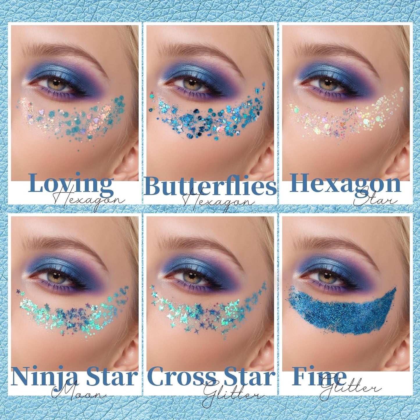 Teenitor Face & Body Glitter - Blue, Hair Glitter Gel, 6 Shapes Festival Makeup Glitter for Face, Hair & Body