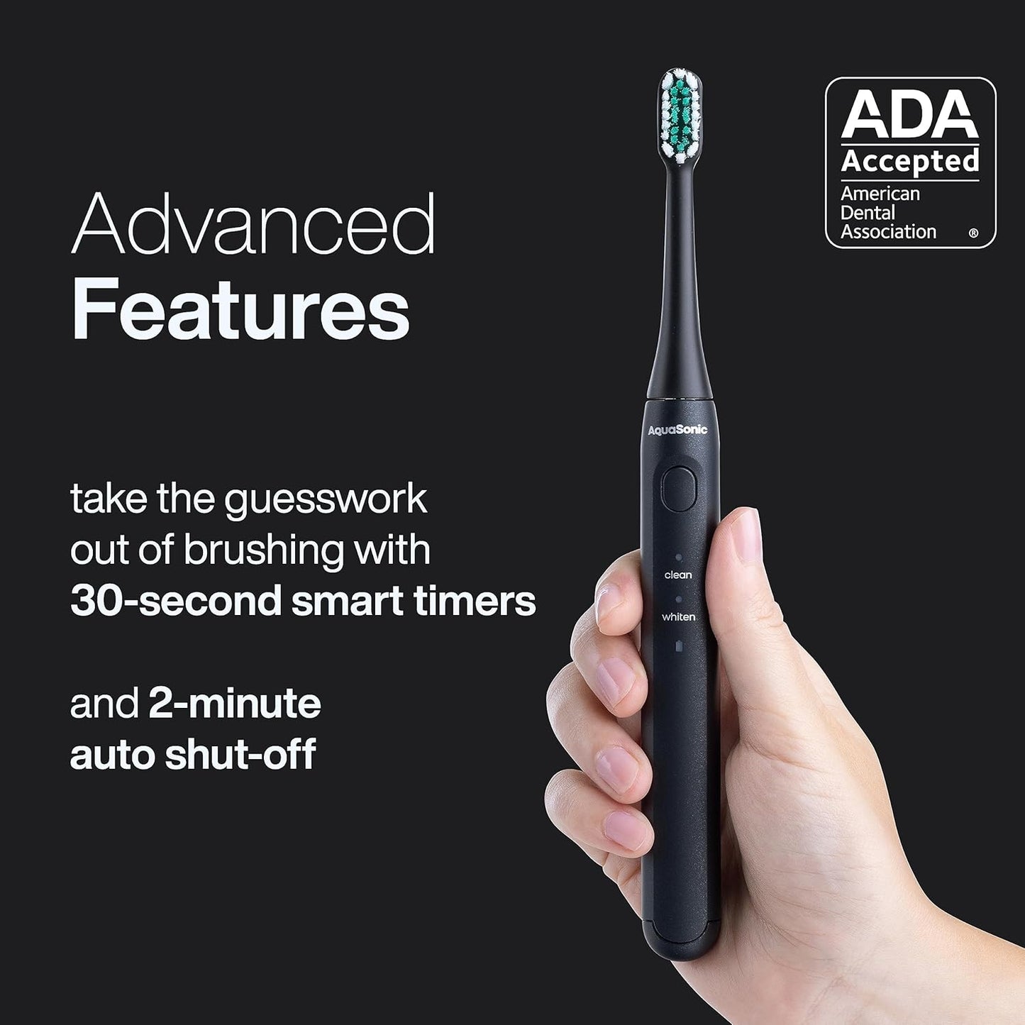 Aquasonic Icon ADA-Accepted Rechargeable Toothbrush | Magnetic Holder & Slim Travel Case | 2 Brushing Modes & Smart Timers | Gentle Micro-Vibrations(Onyx)