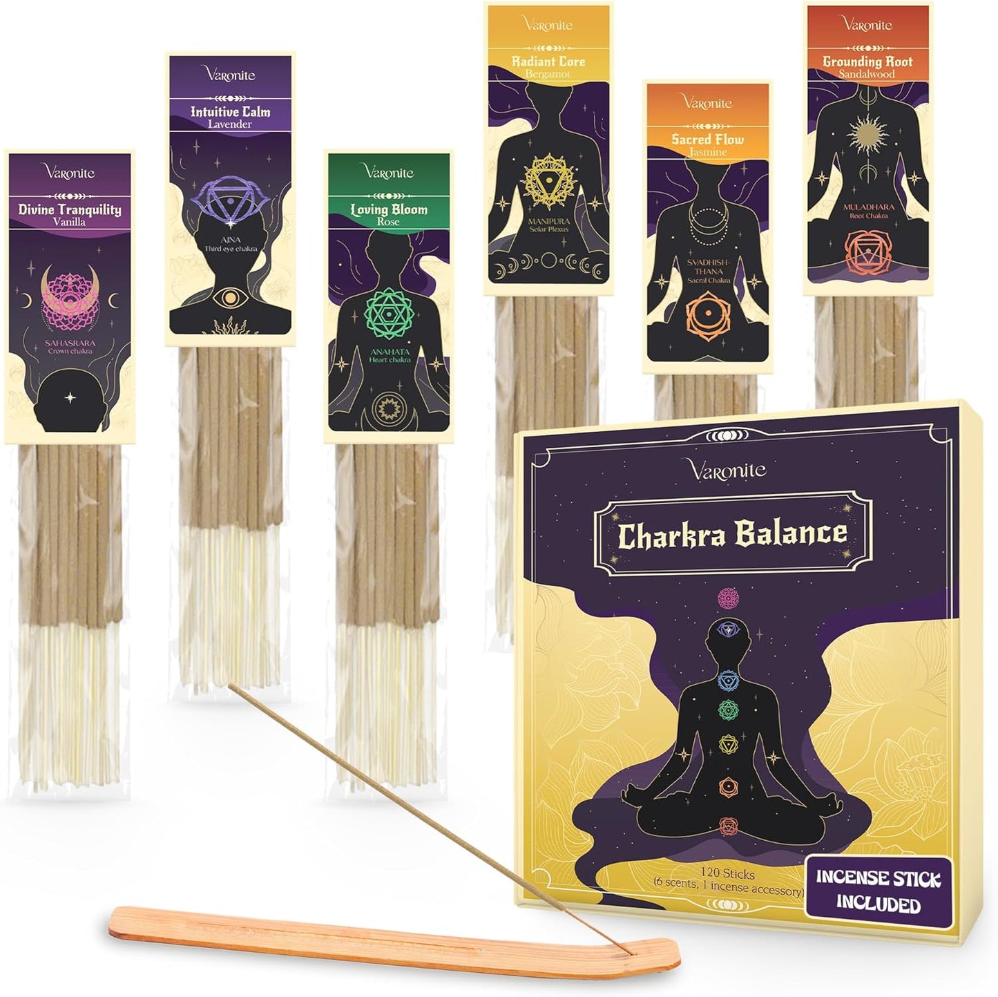 Incense Sticks - Charka Balance Incense Stick Variety Pack of 6 (120 Insence-Sticks) with Holder: Sandalwood, Bergamot, Jasmine, Lavender, Rose, Vanilla ā 7 Chakras Inscents-Stick