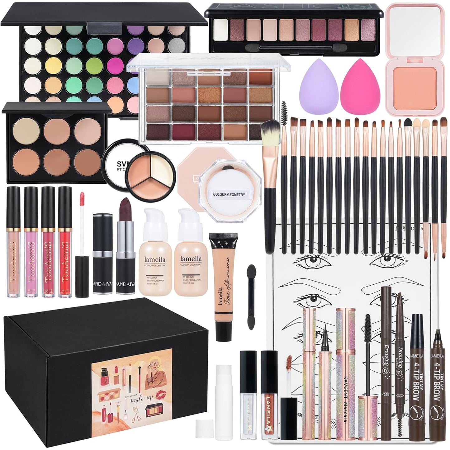 All in One Makeup Kit Makeup Kit for Women Full Kit Multipurpose Makeup ,eyeshadow、 liquid foundation,Loose powder,Eyebrow pencil,4-color lip gloss set