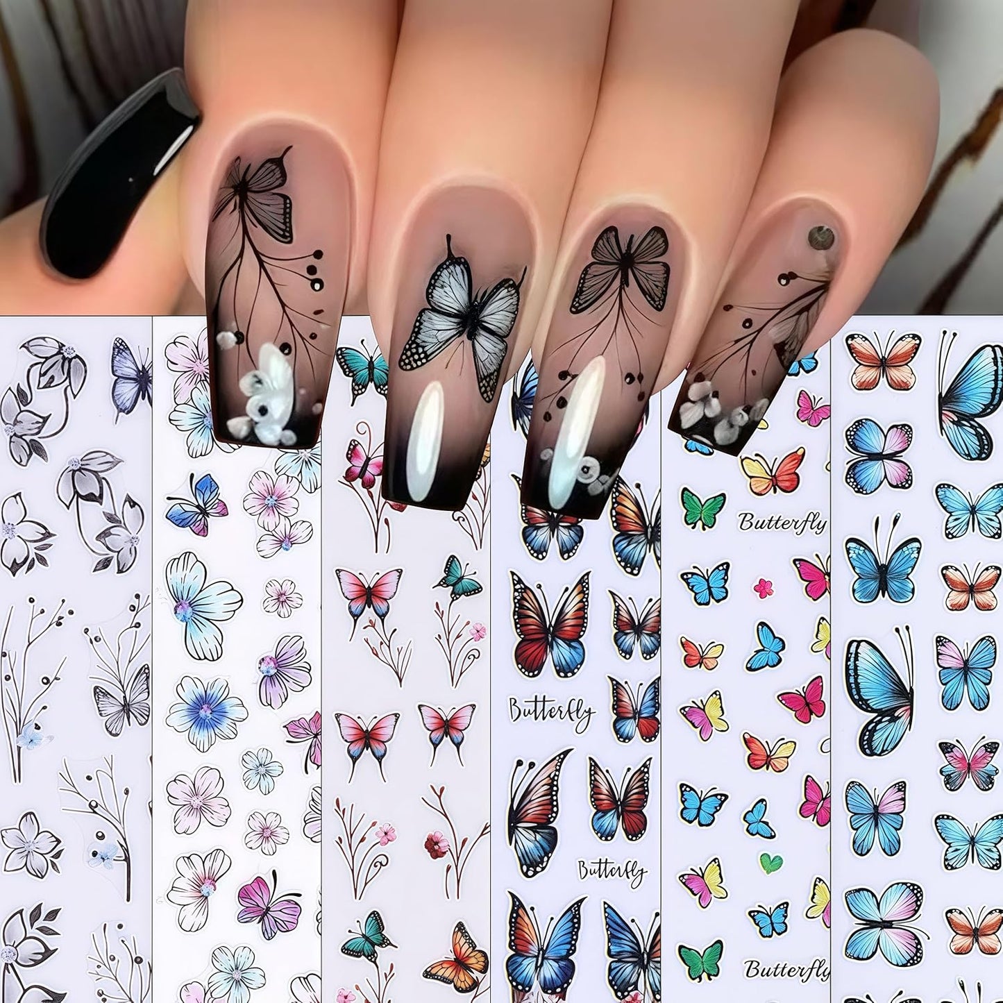 8 Sheets Butterfly Nail Stickers 3D Self-Adhesive Colorful Butterflies Decals Spring Summer Blue Butterfly Flower Designs Supplies for Women Girls DIY Manicure Decorations