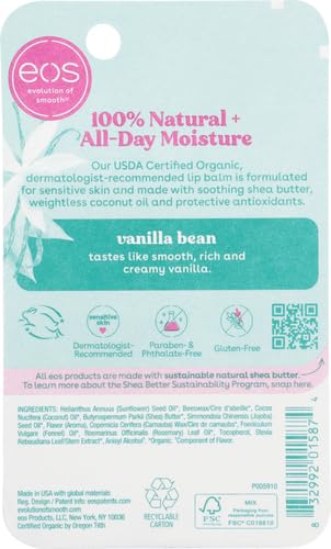 eos 100% Natural & Organic Lip Balm Stick- Vanilla Bean | Dermatologist Recommended for Sensitive Skin | All-Day Moisture Lip Care Products | 0.14 oz (Pack of 2)
