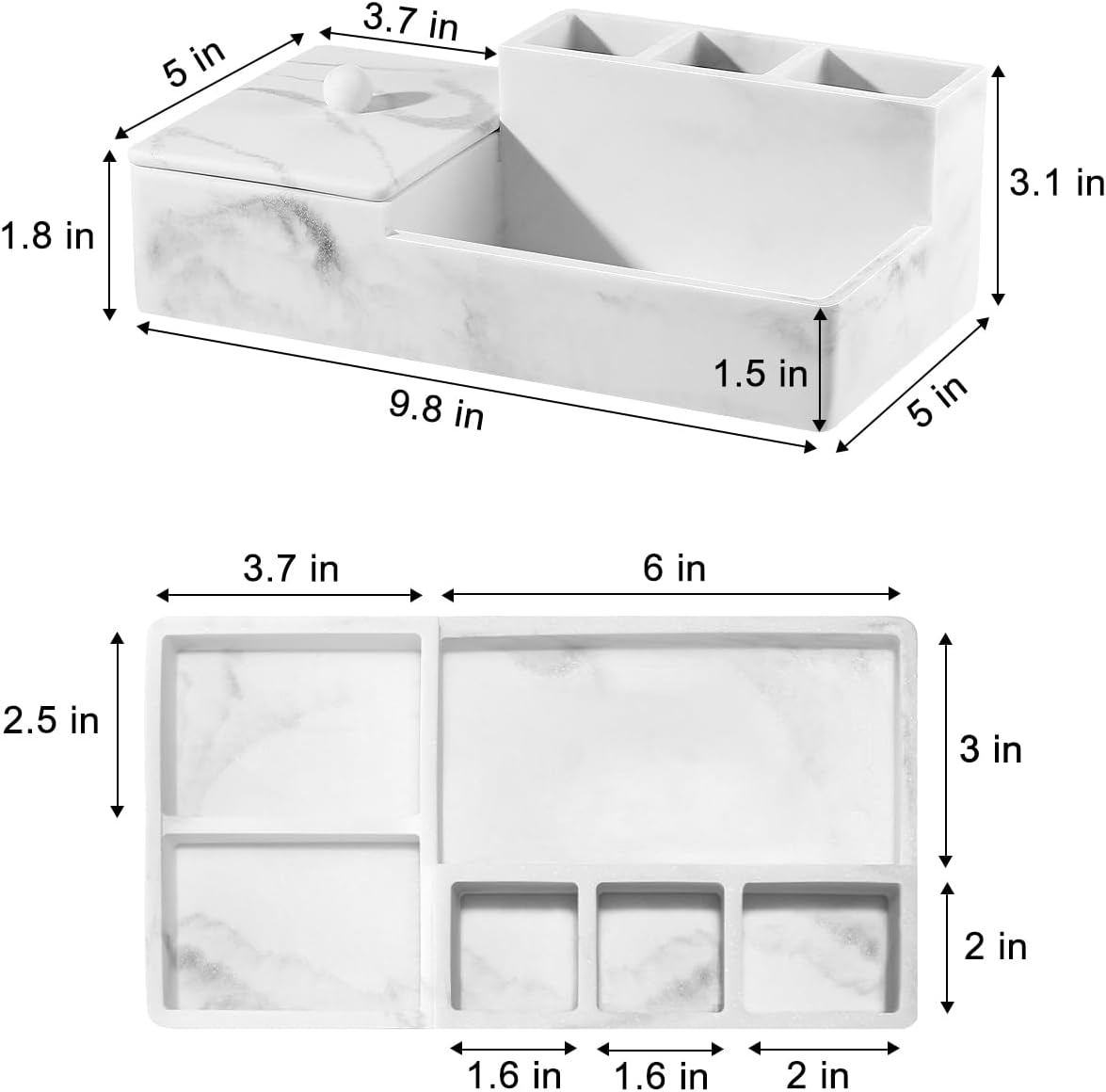 Luxspire Bathroom Counter Organizer, Marble Toothbrush Holder for Bathroom 6 Slot, Bathroom Vanity Organizer with Lid, Bathroom Organizer Countertop for Cotton Ball, Q-Tips, Floss, Gravel White