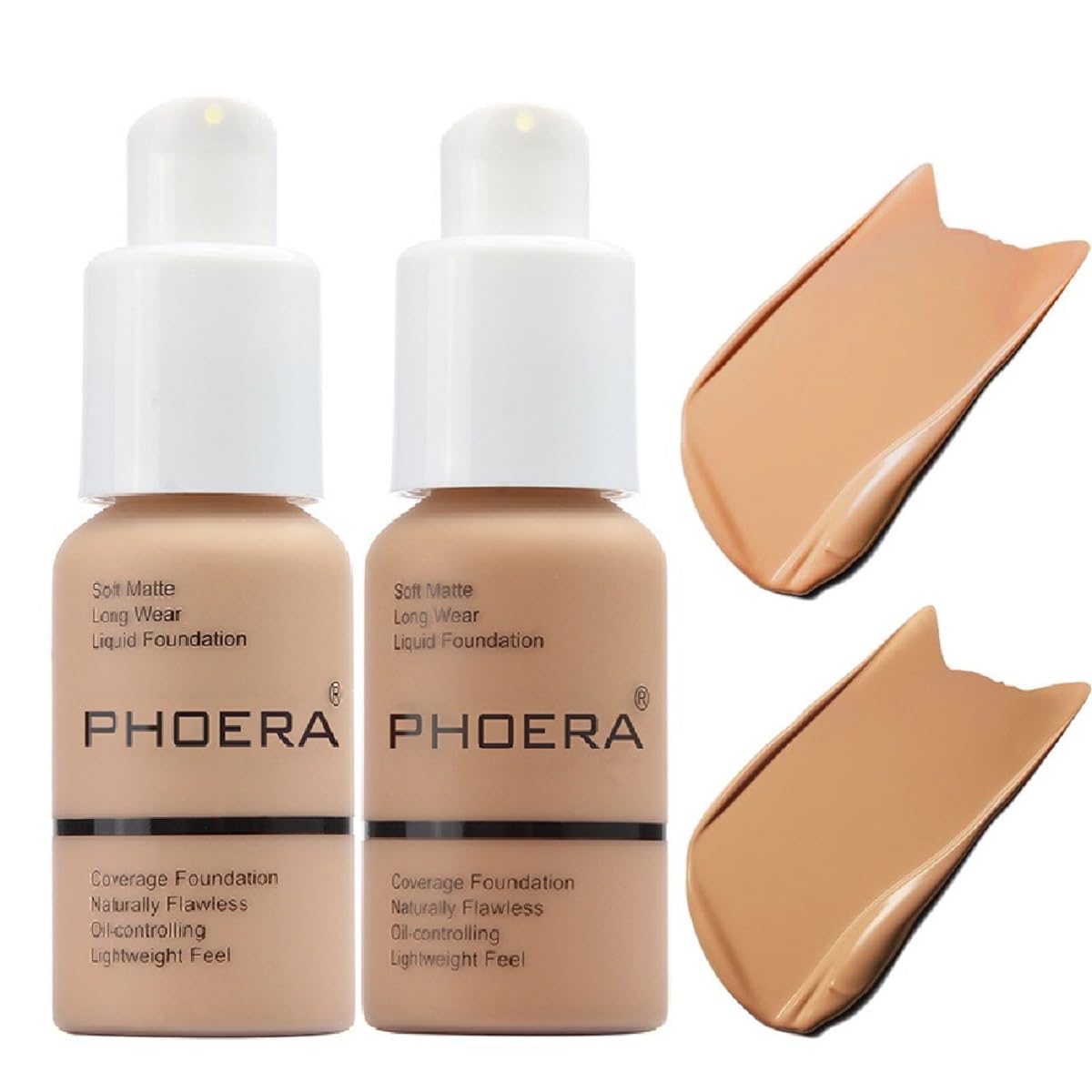 2 Pack PHOERA Foundation 104- Buff Beige and 105- Sand, Flawless Soft Matte Liquid Foundation 24 HR Oil Control Concealer Foundation Makeup.