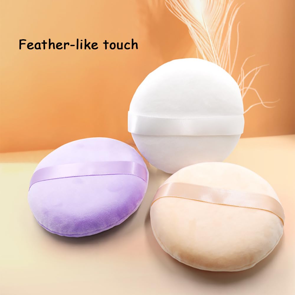 2 Pack Extra Large 5.2" Beige & Purple Powder Puffs and 5.3" Glass Container – Oversized Soft Body & Face Large Powder Puff Dusting Powder Jar Holder Case(Amber Glass)