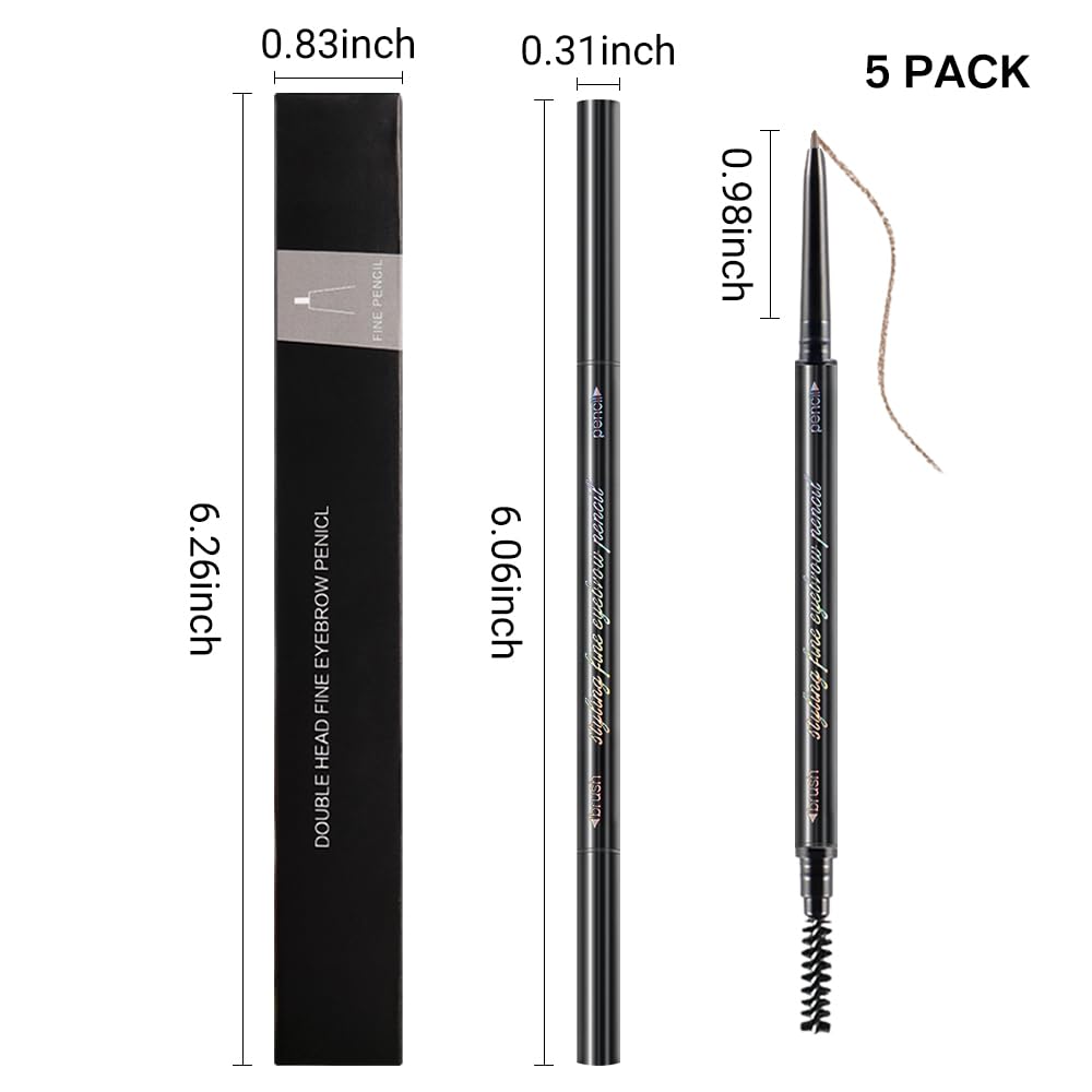 5 Pcs Waterproof Dual-Sided Fine Tip Eye Brow Precise Pencils Pack,Ultra-Fine Mechanical Sticks,Draws Tiny Brow Hairs, Defines, Fills, Shapes,Contours,Combs,1mm Pen Point(Pack of 5)-Light Brown
