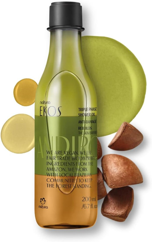 natura - Ekos Andiroba Triple Phase Shower Oil - Restorative In-Shower or Bath Body Oil - Anti-Damage - Scented - Bath Oil - Skin Moisturizer - Vegan Skin Care - Brazilian Beauty - 6.7 fl oz (200ml)