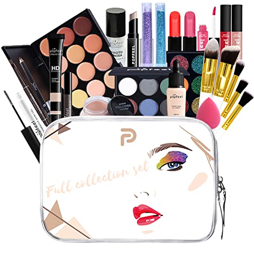 All-in-one Makeup Set Holiday Gift | Full Makeup Kit for Women Essential Starter Bundle Include Eyeshadow Palette Lipstick Blush Cream Concealer Face Powder Eyeliner Mascara Lipgloss Brush