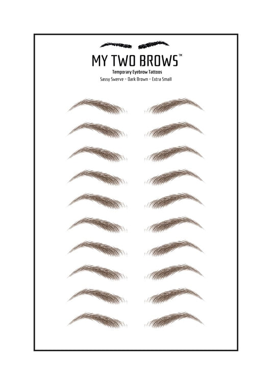 (10 pairs) Dark Brown Temporary Eyebrow Tattoo - Extra Small Size - Waterproof & Smudgeproof - Sassy Swerve Style Eyebrow Stickers - Sheet Lasts up to 30 Days - Won't Work on Existing Brows