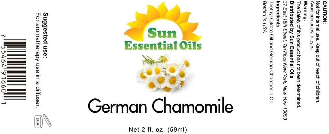 Sun Essential Oils - German Chamomile Essential Oil (2 oz) for Diffuser, Skin, Body, Face, Aromatherapy Massage & Humidifier, Scent for Soap, Candle, Shampoo & Lotion Making at Home
