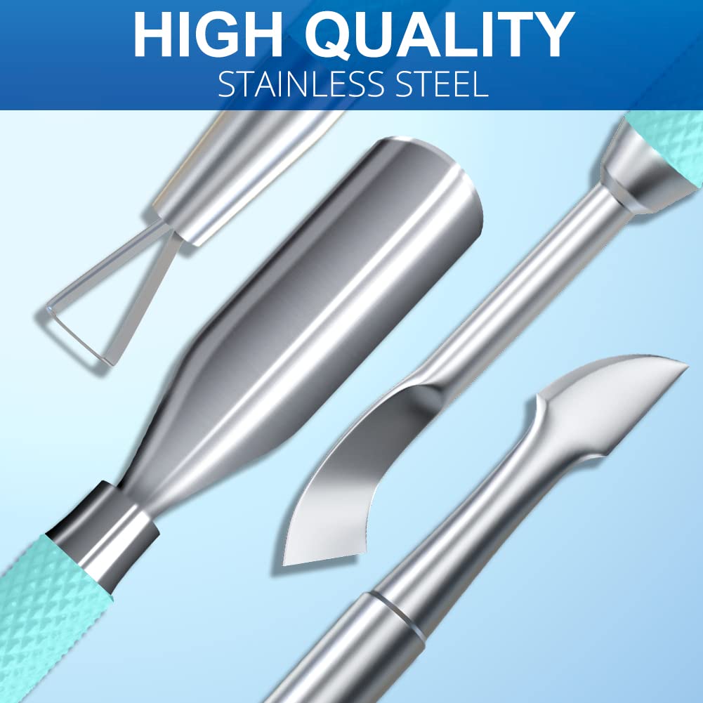 2PCS Metal Teal Cyan Cuticle Pusher and Cutter Remover Salon Stainless Steel Gel Nail Polish Peeler Scraper Durable Professional Manicure Pedicure Cleaner Tool For Fingernail and Toenail