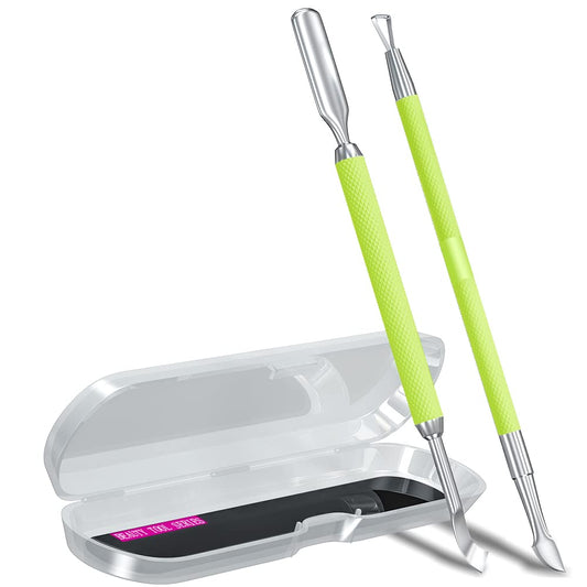 2PCS Metal Neon Green Cuticle Pusher and Cutter Remover Salon Quality Stainless Steel Gel Nail Polish Peeler Scraper Durable Manicure and Pedicure Cleaner Tool For Fingernail and Toenail