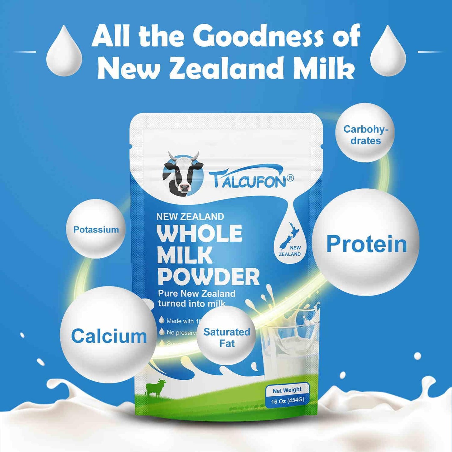 TALCUFON New Zealand Milk Powder Full Cream Instant Milk Powder Gluten Free, Non-GMO Shelf-Stable & Easy to Use 16 Oz