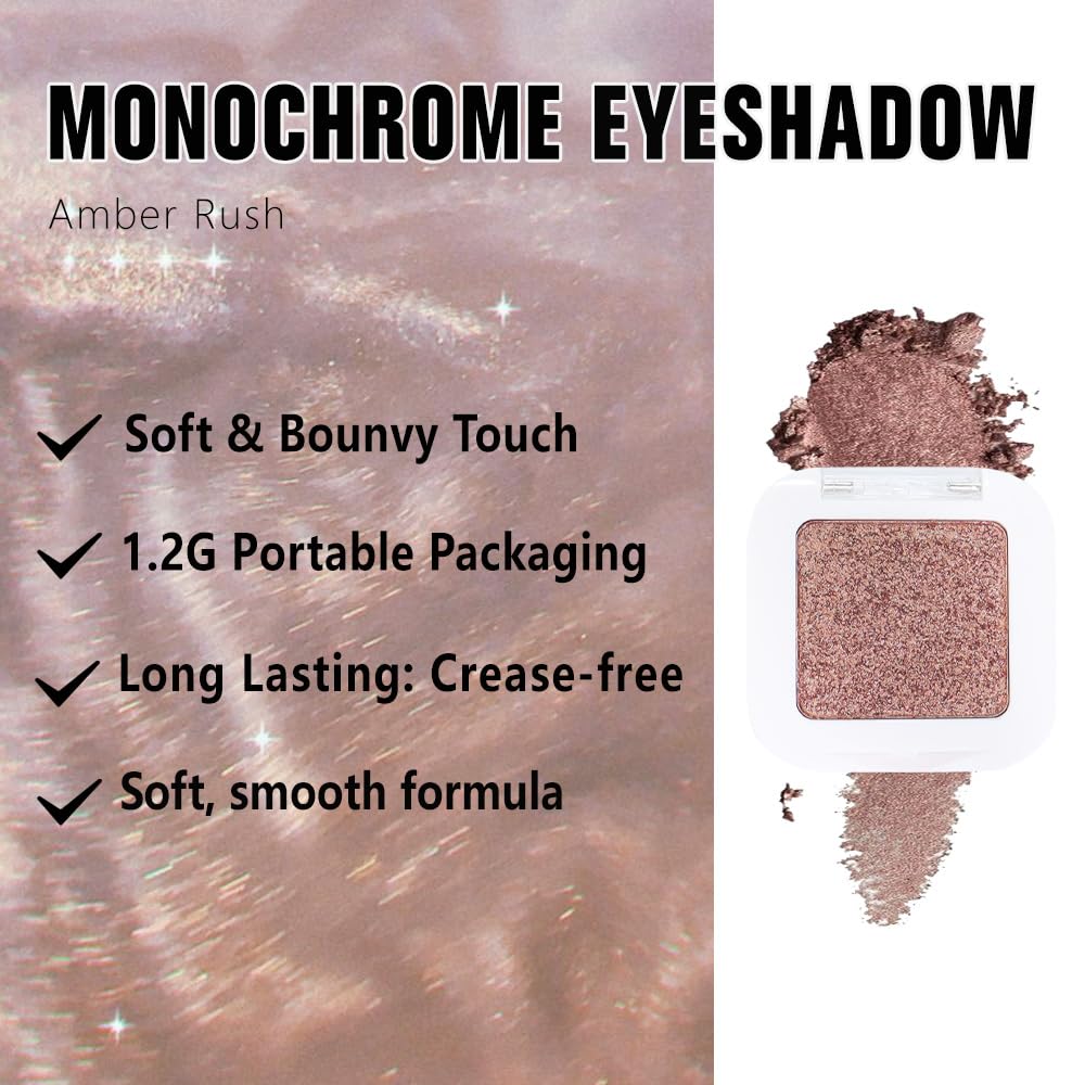evpct Rose Gold Single Eyeshadow Palette Makeup for Older Women, Amber Rush Brown Shimmer Glitter Sparkly Cream Eye Shadow Palette Brightener Makeup for Older Women, High Pigment Monochrome Eyeshadow