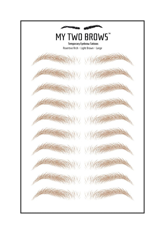 (10 pairs) Light Brown Temporary Eyebrow Tattoo - Large Size - Waterproof & Smudgeproof - Assertive Arch Style Eyebrow Stickers - Sheet Lasts up to 30 Days - Won't Work on Existing Brows