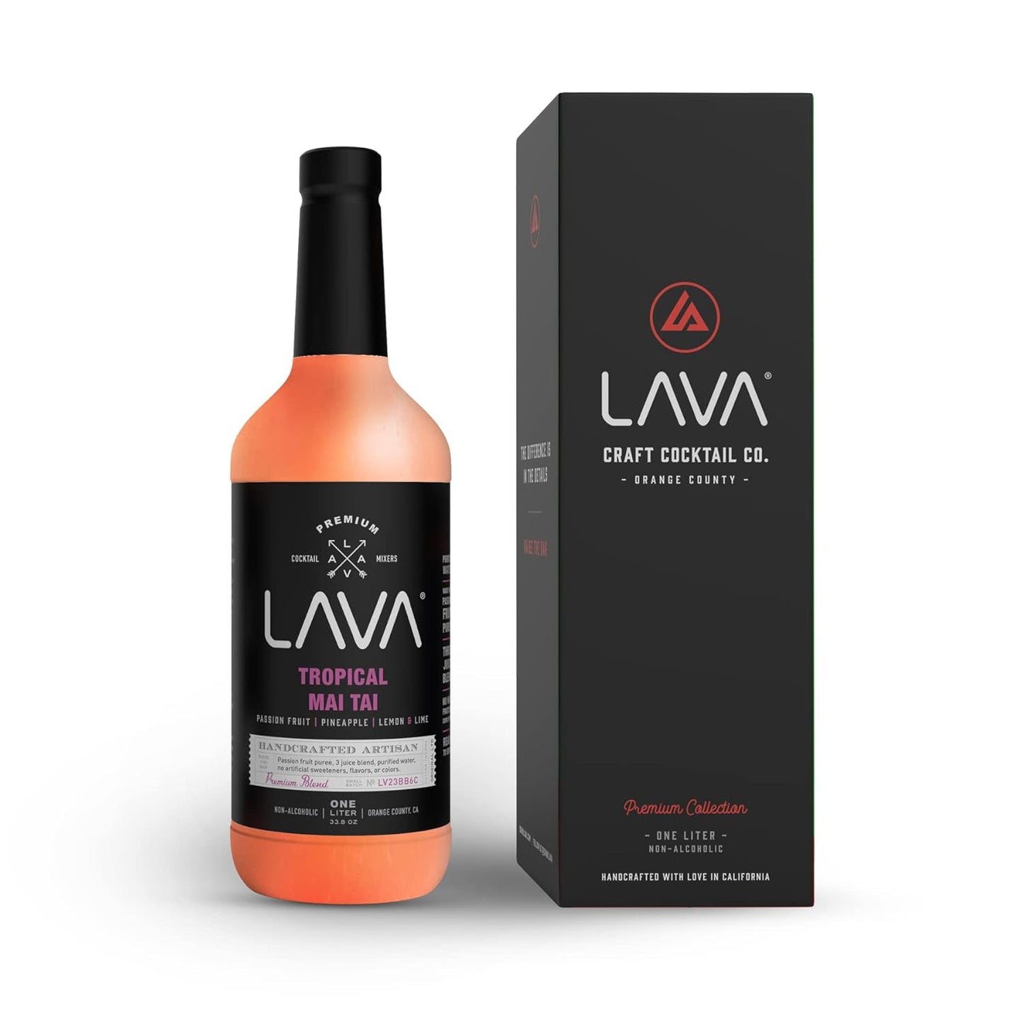 LAVA Premium Tropical Mai Tai Mix made with real passion fruit, pineapple, lemon and lime, no artificial sweeteners, 1-Liter (33.8oz) Glass Bottle, Ready to Use.